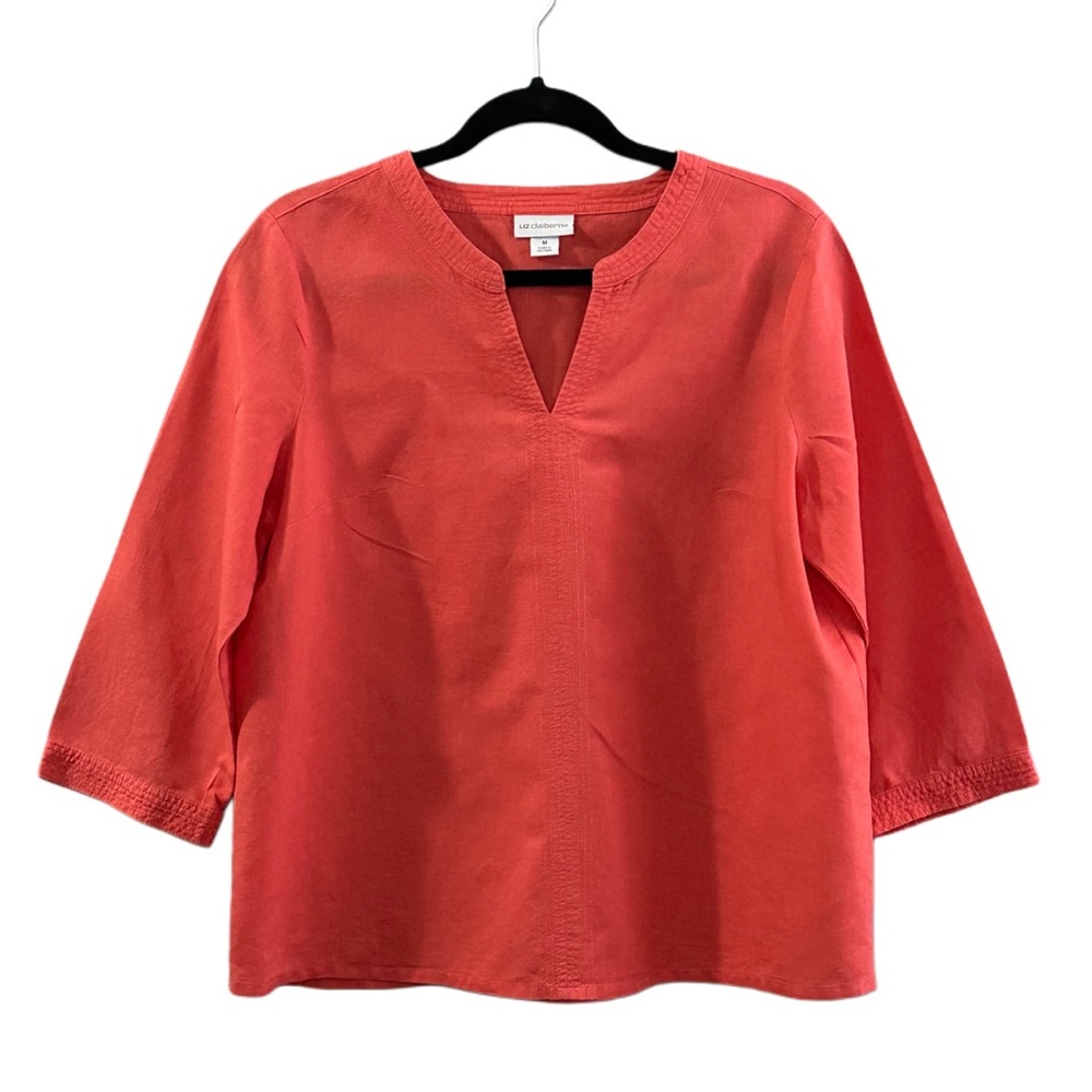 Liz Claiborne Linen Blend Size M Coral Orange 3/4 Sleeve Split Neck Top